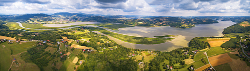 Panorama View of Roznow Lake, reservoir on Dunajec river and Beskids hills, lesser Poland