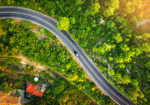 aerial view of road in beautiful green forest at  in spring. colorful landscape with car on the roadway, trees in summer. top view from drone of highway in croatia. view from above. travel