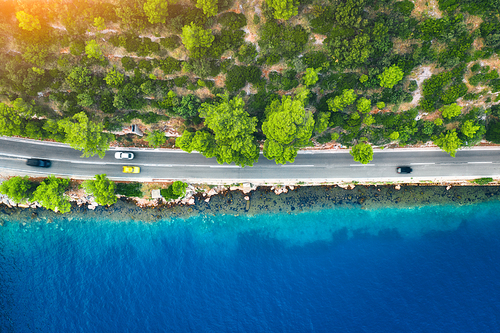aerial view of road in beautiful green forest and sea coast at  in spring. colorful landscape with cars on roadway, blue water, trees in summer. top view from drone of highway in croatia. travel