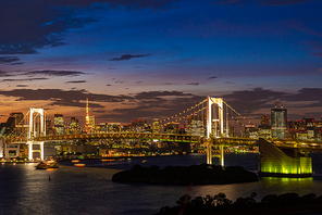 aerial view of tokyo skylines with  bridge and tokyo tower over tokyo bay sunset twilight from odaiba in tokyo city kanto japan.