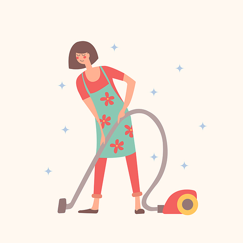 Girl vacuums. Housework, house cleaning. Vector illustration on a light background.