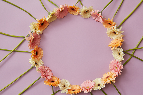 A creative round frame of multicolored gerberas with a place under the text for a postcard for spring holidays . Top view