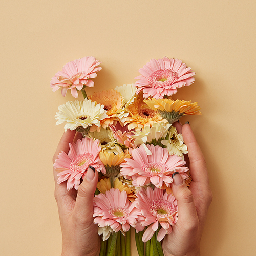 A beautiful bouquet of orange, white and pink gerberas the girl is holding in hands on a yellow paper background. as a greeting card for Valentine's Day or Mother's Day. Flat lay