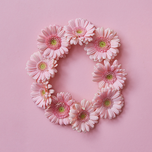 letter O made of gerbera flowers. Part of the word LOVE , floral alphabet, flatlay