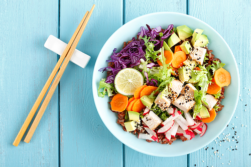 bowl with grilled chicken meat, brown food and fresh vegetable salad of avocado, radish, cabbage kale, carrot, and lettuce leaves. healthy and delicious dietary lunch. top view
