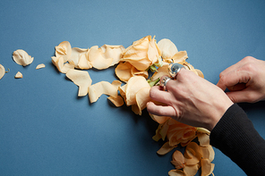 beige flowers and petals, a female hand makes a frame