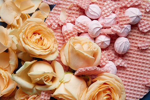 Valentine's Day concept. Waffles, zephyrs and orange roses used for decoration of background. Closeup of orange roses with beautiful petals.