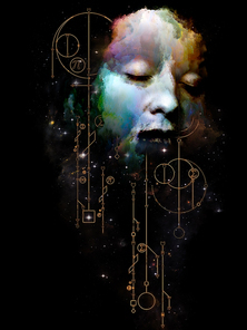 Math of Dream. Her Symbols series. Abstract portrait painting of young woman on subject of inner Self, astrology, the occult, witchcraft, magic and its symbols.