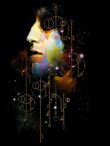 Math of Fate. Her Symbols series. Abstract portrait painting of young woman on subject of inner Self, astrology, the occult, witchcraft, magic and its symbols.