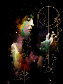 Math of Self. Her Symbols series. Abstract portrait painting of young woman on subject of inner Self, astrology, the occult, witchcraft, magic and its symbols.
