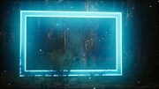 Neon glowing rectangle frame in the night forest
