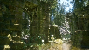 ruined ancient stone house with collapsed walls overgrown with plants and ferns in dense green forest