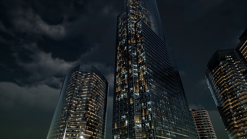 glass skyscrpaer office buildings with dark sky and clouds at storm