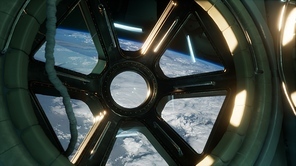 Cockpit view from International Space Station operating nearby of planet Earth. Elements of this image furnished by NASA.