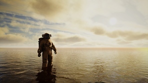 spaceman in the sea under clouds at