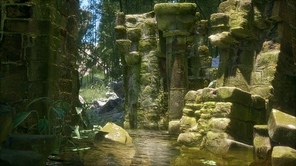Stone ruins in a forest, abandoned ancient castle
