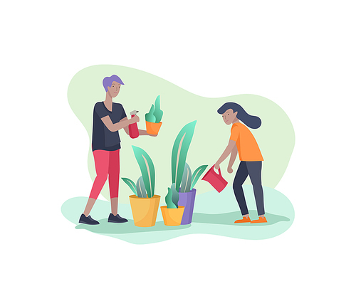 Scenes with family doing housework, kids helping parents with home cleaning, washing greens, cleaning home garden, water flower. Vector illustration cartoon style