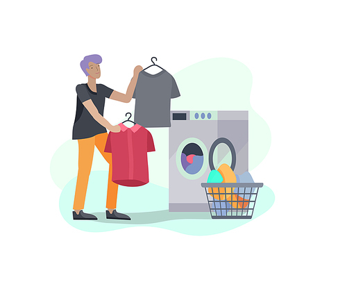 Scenes with the man doing housework, clean the house, washing clothes iand putting things in the wardrobe or closet. Vector illustration of cartoon style.