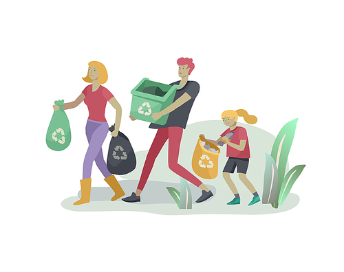 people and children Recycle Sort organic Garbage in different container for Separation to Reduce Environment Pollution. Family with girl collect garbage. Environmental day vector cartoon illustration