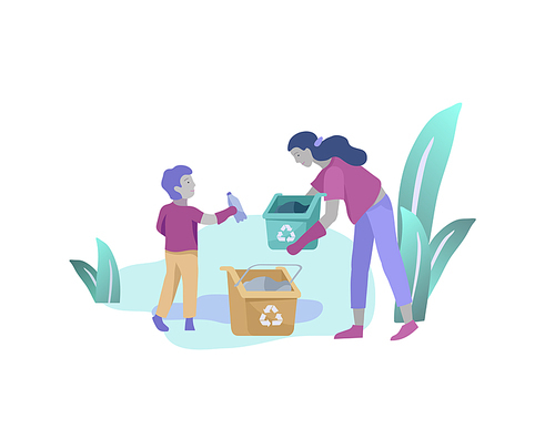 Woman and boy Recycle Sort organic Garbage in different container for Separation to Reduce Environment Pollution. Mather with child collect garbage. Environmental day vector cartoon illustration