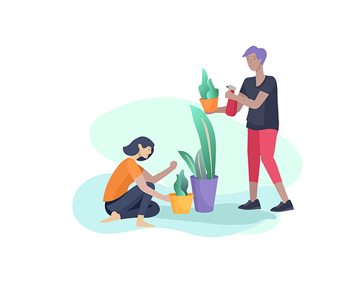 Scenes with family doing housework, couple home cleaning, washing greens, cleaning home garden, water flower. Vector illustration cartoon style