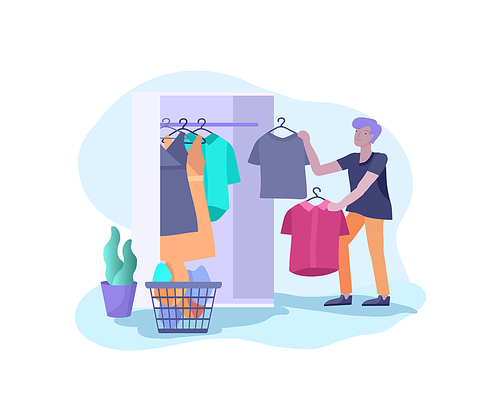 Scenes with the man doing housework, clean the house, washing clothes iand putting things in the wardrobe or closet. Vector illustration of cartoon style.