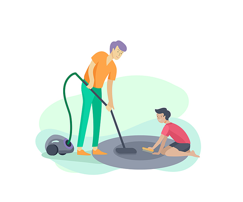 Scenes with family doing housework, kids boy helping father with home cleaning, washing dishes, fold clothes, cleaning window, carpet and floor, wipe dust, water flower. Vector illustration cartoon