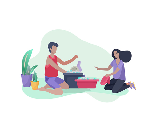 Scenes with family doing housework, couple man and woma home cleaning, washing dishes, wipe dust, water flower. Vector illustration cartoon style