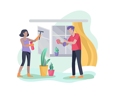 Scenes with family doing housework, couple man and woman home cleaning, washing and cleaning window, wipe dust, water flower. Vector illustration cartoon style