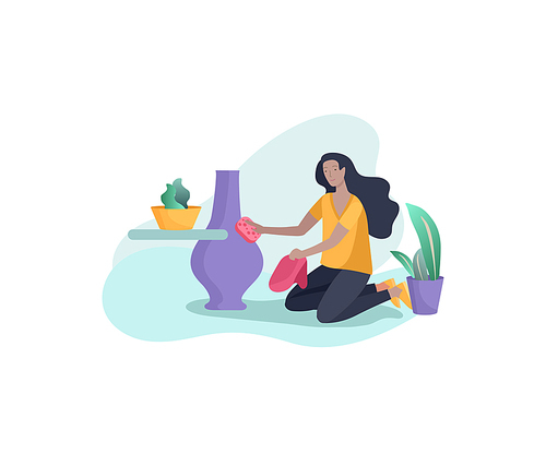 Scene with woman doing housework, home cleaning, washing dishes, wipe dust, water flower. Vector illustration cartoon style
