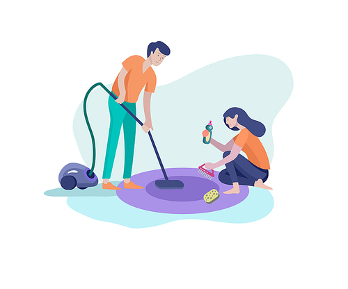 Scenes with family doing housework, kids girl helping father with home cleaning, washing dishes, fold clothes, cleaning window, carpet and floor, wipe dust, water flower. Vector illustration cartoon