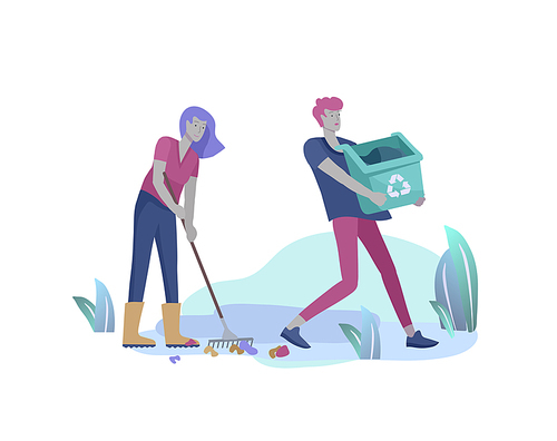 people Recycle Sort organic Garbage in different container for Separation to Reduce Environment Pollution. Man and woman collect garbage. Environmental day vector cartoon illustration