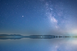 Night sky with stars and milkyway in pond reflection.