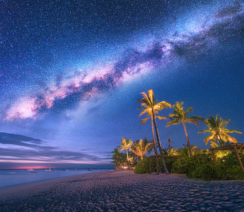 Milky Way over the sandy beach with palm trees and sunbeds and umbrellas at night in summer. Landscape with sea shore, beautiful starry sky, galaxy and green palms. Travel in Zanzibar, Africa. Space