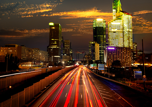 View on the district la Defense from pont de Neuilly in evening, Paris, France