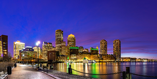 Panorama of Boston Downtown skylines building cityscape sunset at Boston city, MA, USA.