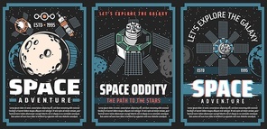 Universe galaxy outer space posters, planets and astronaut spaceship rocket, vector. Galaxy universe explorers of Moon, Saturn and Jupiter, cosmic station and satellites with asteroids in outer space