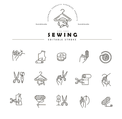 Vector icon and logo sewing and handmade. Editable outline stroke size. Line flat contour, thin and linear design. Simple icons. Concept illustration. Sign, symbol, element.