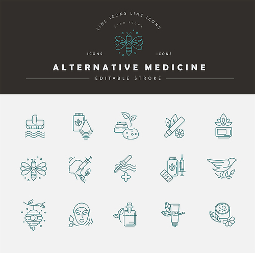 Vector icon and logo for alternative medicine. Editable outline stroke size. Line flat contour, thin and linear design. Simple icons. Concept illustration. Sign, symbol, element.