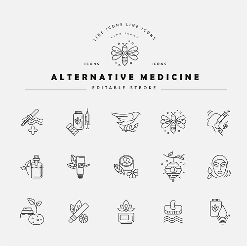 Vector icon and logo for alternative medicine. Editable outline stroke size. Line flat contour, thin and linear design. Simple icons. Concept illustration. Sign, symbol, element.
