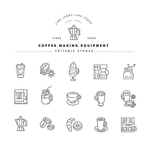 Vector icon and logo for coffee making equipment. Editable outline stroke size. Line flat contour, thin and linear design. Simple icons. Concept illustration. Sign, symbol, element.