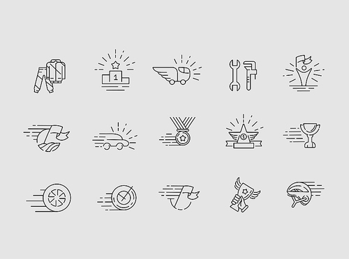 Vector icon and logo for car racing and championship. Editable outline stroke size. Line flat contour, thin and linear design. Simple icons. Concept illustration. Sign, symbol, element.