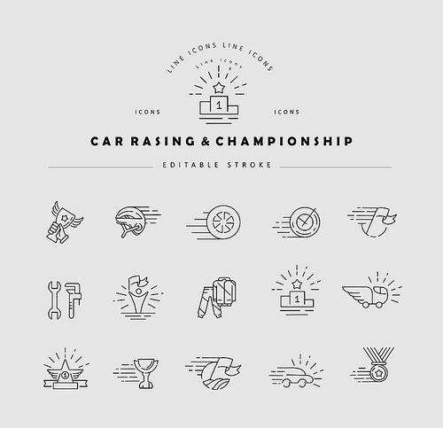 Vector icon and logo for car racing and championship. Editable outline stroke size. Line flat contour, thin and linear design. Simple icons. Concept illustration. Sign, symbol, element.
