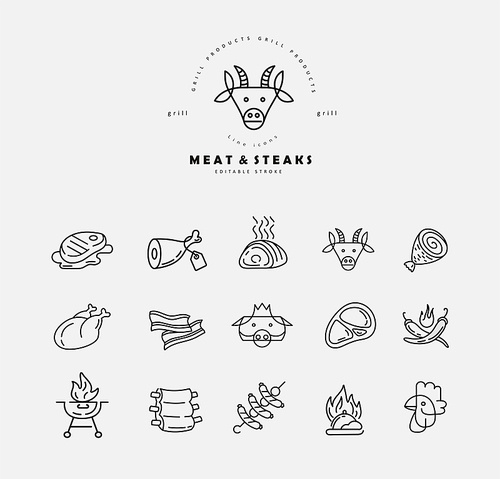 Vector icon and logo for meat and grill cafe or steak restaurant. Editable outline stroke size. Line flat contour, thin and linear design. Simple icons. Concept illustration. Sign, symbol, element.