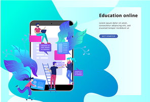 Concept Landing page template Education people, Internet studying, online training, online book, tutorials, e-learning for social media, distance education, documents, cards, posters