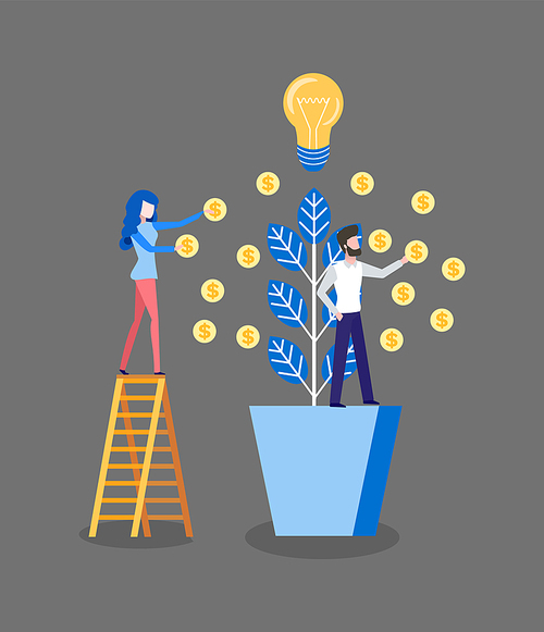Dollar tree grown by investors business finances vector. Man and woman with a plant harvesting profit, lady standing on ladder, lightbulb on top idea