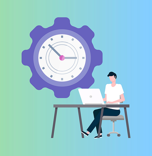 Time management vector, programmer at laptop and clock in shape of cogwheel. IT worker at desktop or workplace, deadline, work productivity or efficiency