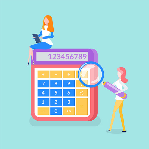 People working on results calculation vector. Calculator with lady holding clipboard and planning, lady with magnifying glass looking closely on data