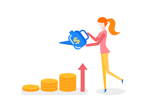 Girl watering gold coins, money profit and business growth concept vector. Easy earning increase, chart arrow and dollar sign, isolated female character