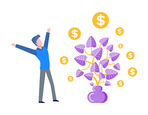 Businessman happy to see harvest of money tree vector. Plan growing in pot, frondage and leaves with dollar signs, flowers in container with soil